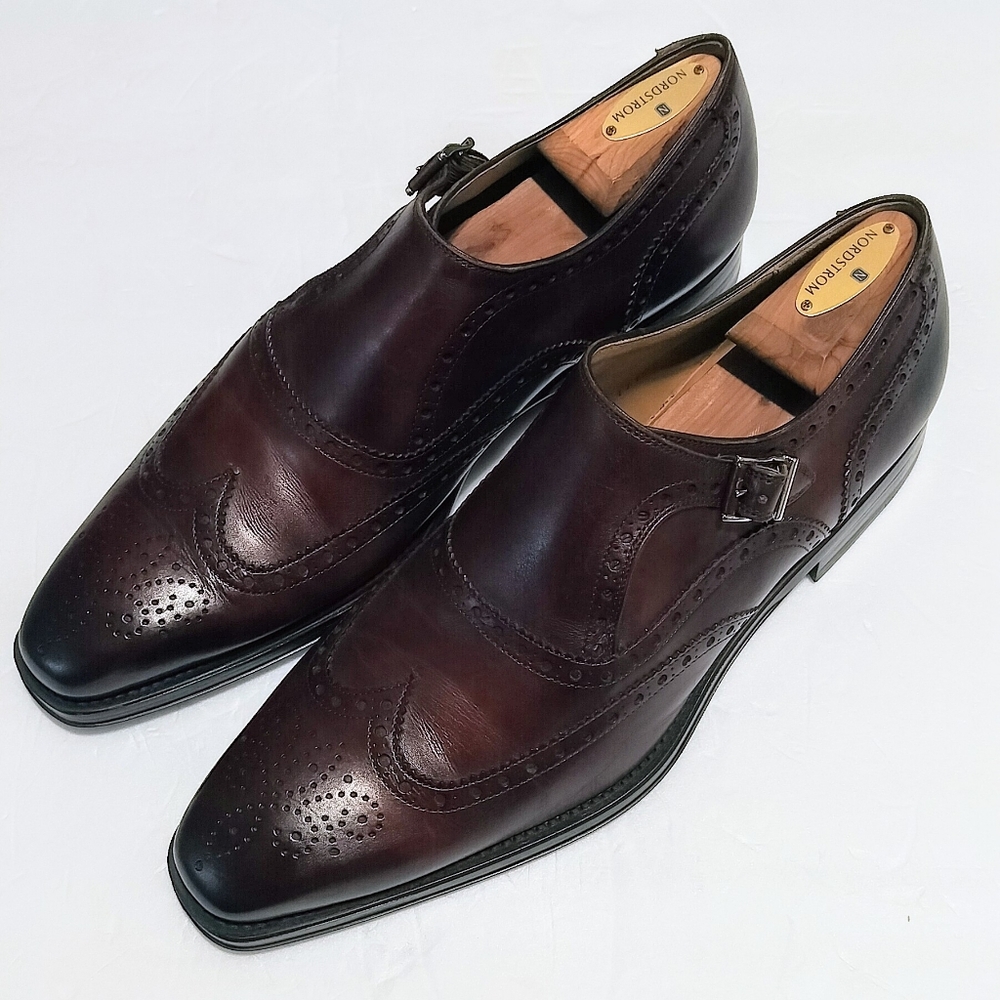Magnanni Men's Burgundy Brown Leather Monk Strap Loafers